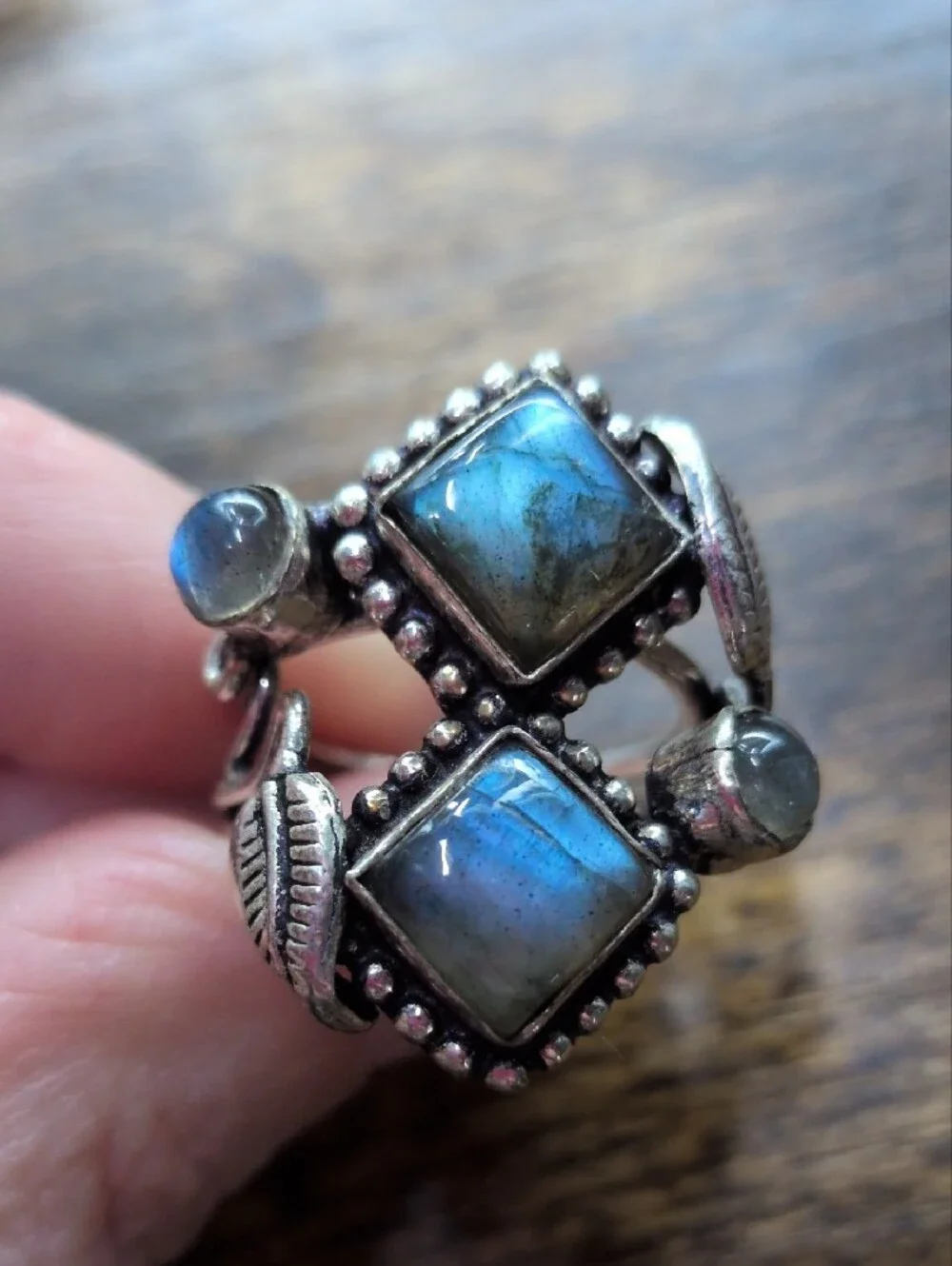 Labradorite Double Square Statement Ring - Silver Leaf Design